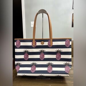 Tory Burch Kerrington Square Tote in Striped Pineapple Print with Tan Trim